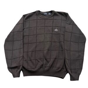 IZOD Sweater Mens Large Brown Textured Grid Knit Cotton Pullover Crewneck Logo